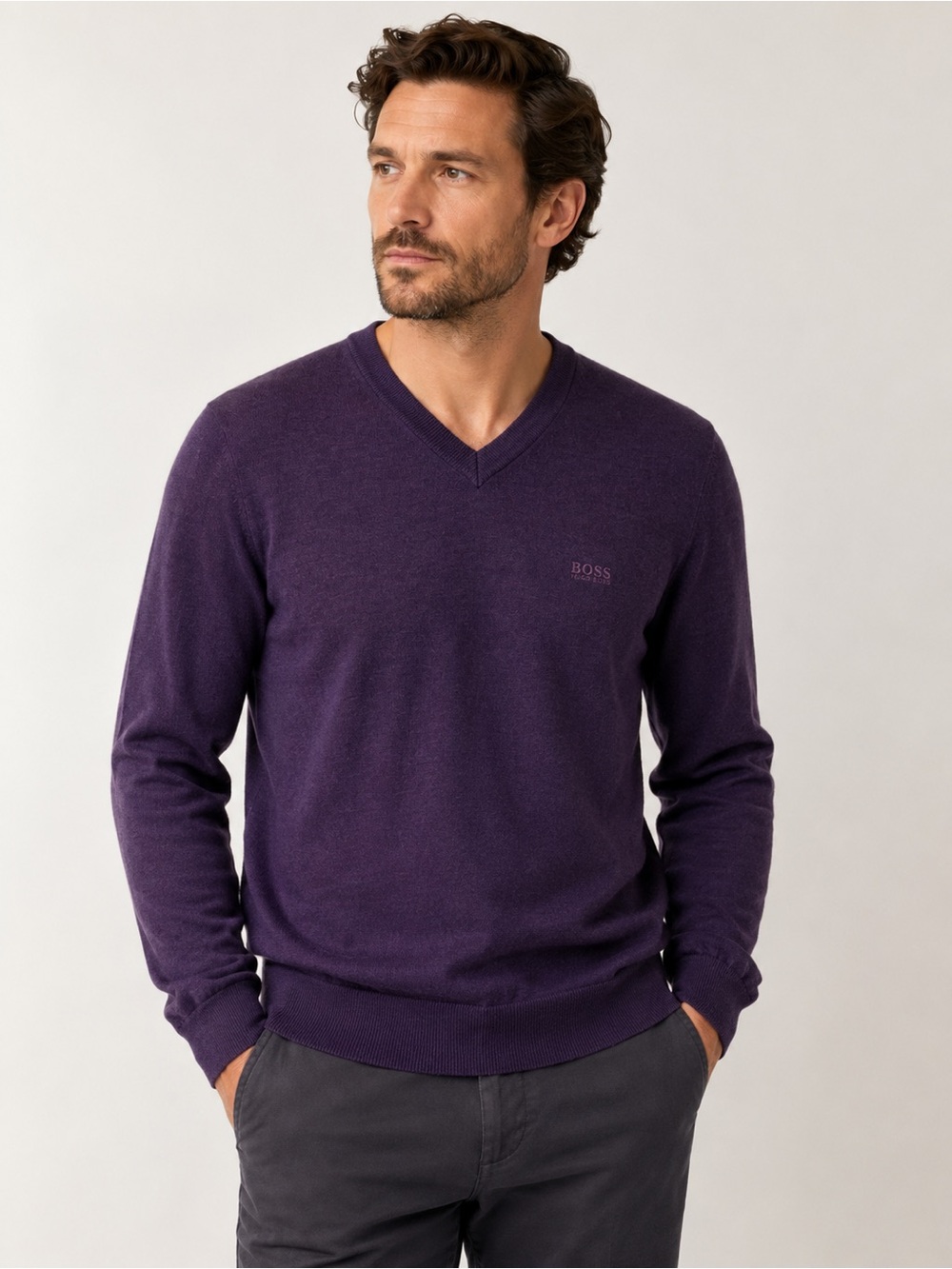 Hugo Boss BOSS 100% Virgin Wool V-Neck Sweater Purple Men’s XL Knit